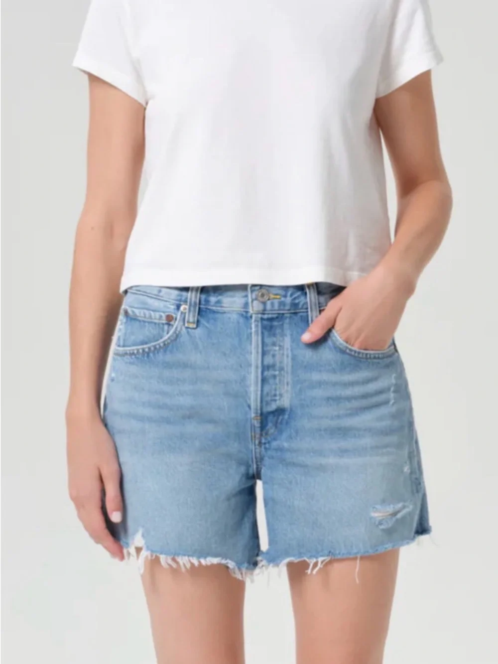 NWT Agolde Parker Long Swapmeet Light Blue Distressed Denim Cutoff Shorts SZ 27 - Picture 4 of 16